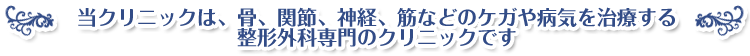 当クリニックは、骨、関節、神経、筋などのケガや病気を治療する整形外科専門のクリニックです。